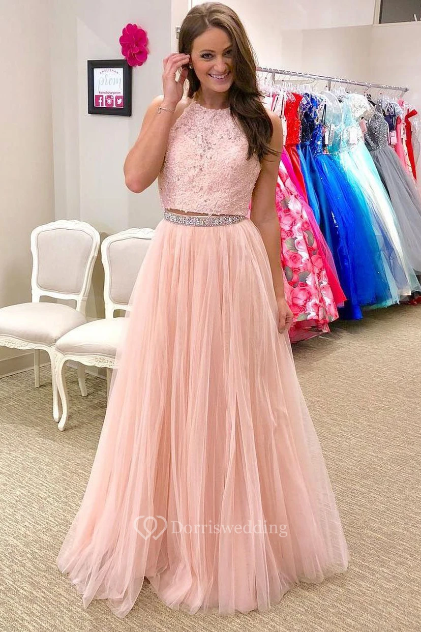 A-Line Two Piece Lace Tulle Halter Sleeveless Zipper Dress