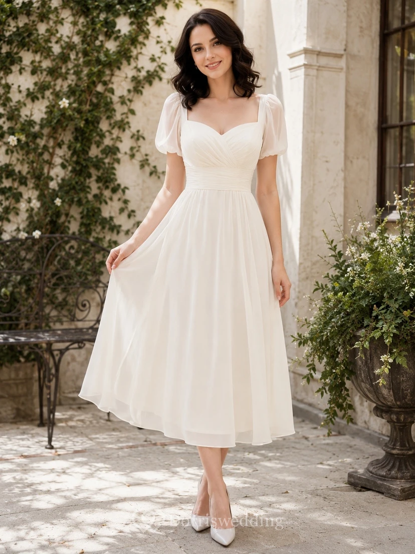 Tulle Sweetheart Short Sleeve A-line Tea-length Elopement Dress