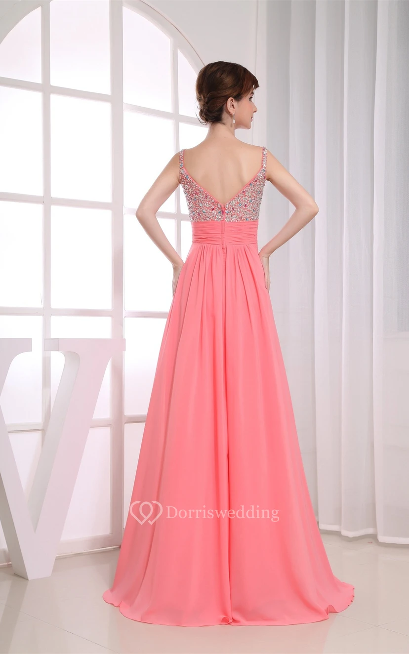 Spaghetti-Strap Floor-Length Chiffon Rhinestone and Dress With Pleats view 6