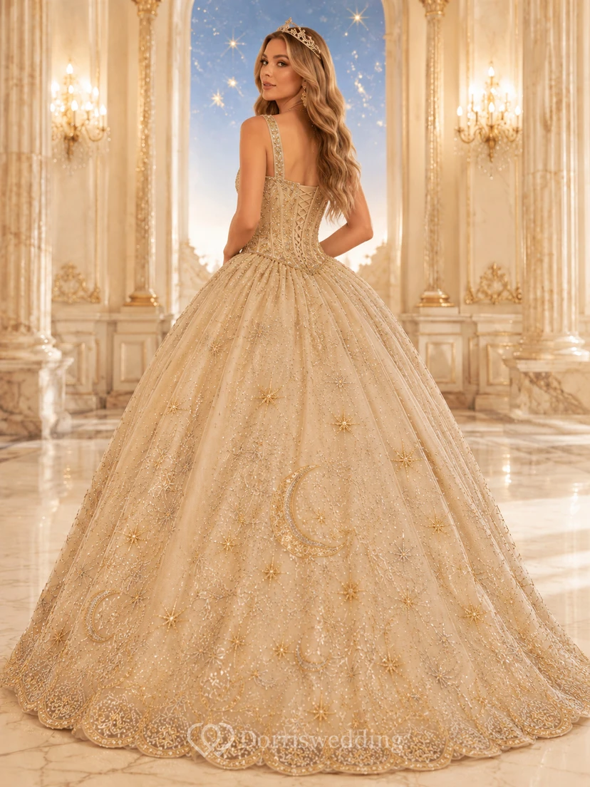Robe de bal de princesse pour quinceañera, or champagne, bretelles célestes, col carré, lune et étoile, à bretelles célestes et décolleté carré view 2