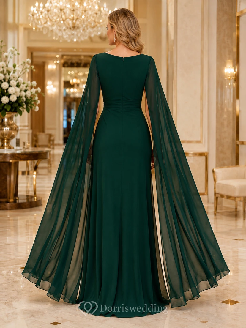 Dark Green Cape Sleeve Chiffon A-Line Formal Gown view 2