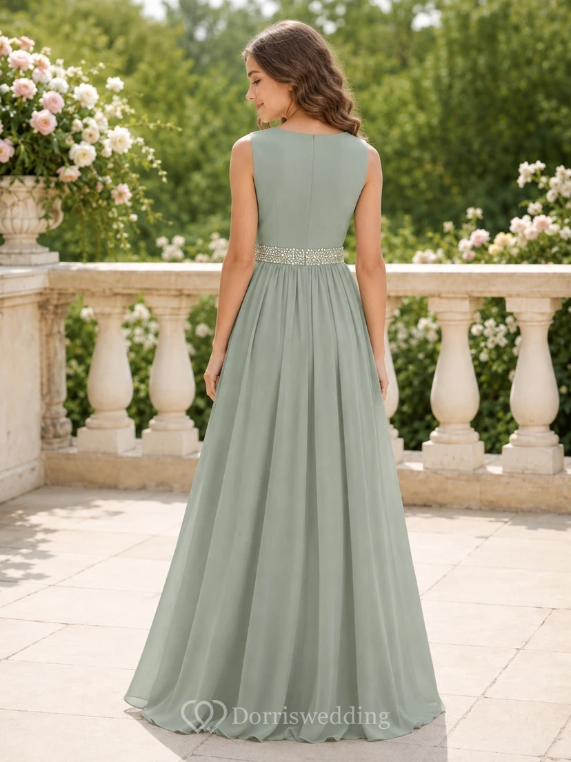 Celadonfarbenes Brautjungfernkleid für junge Mädchen, A-Linie, Rundhalsausschnitt, ärmellos, Chiffon, perlenbesetzte Taille, elegant view 2