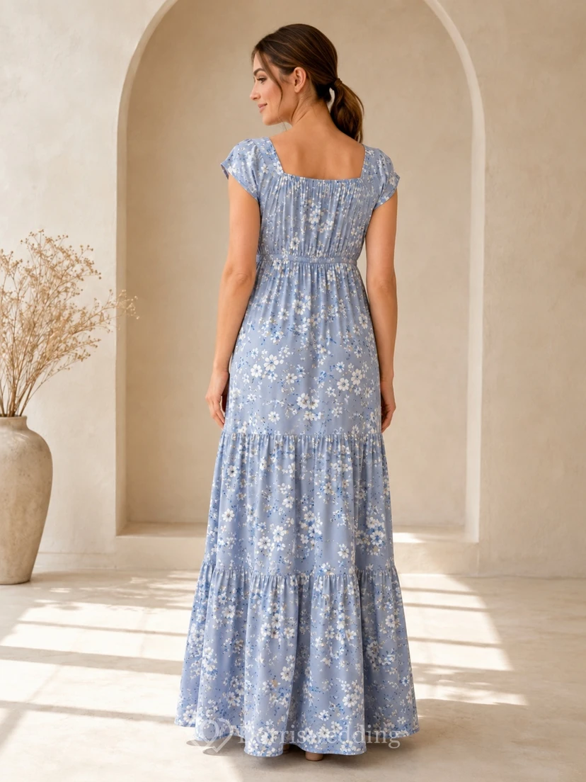 Maternity Steel Blue Floral Square Neck Cap Sleeve Empire Tiered Ankle-Length Dress view 2