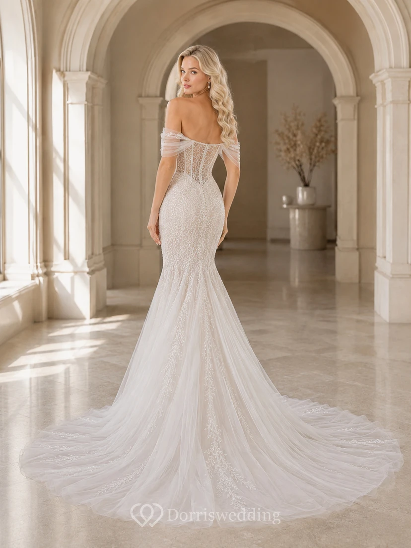 Robe de mariée sirène élégante en tulle et dentelle florale à épaules dénudées et traîne chapelle view 2