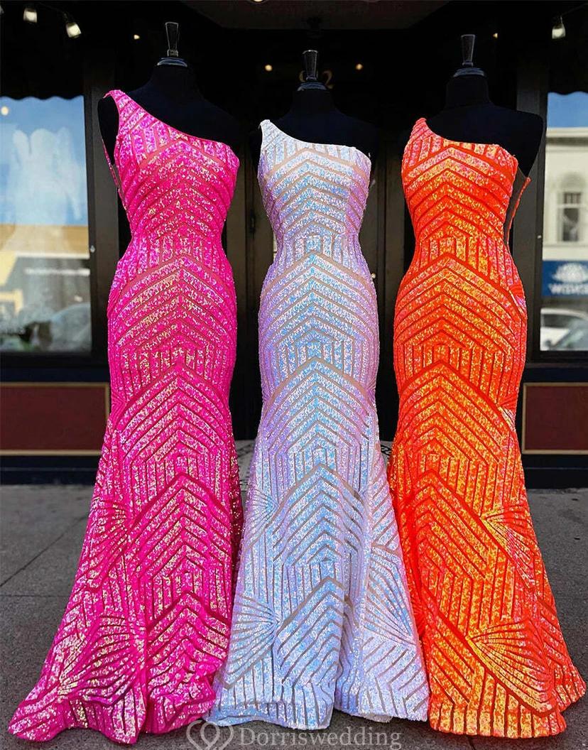 Einseitig schulterfreies, pinkfarbenes Pailletten-Meerjungfrauenkleid mit geometrischem Muster view 6