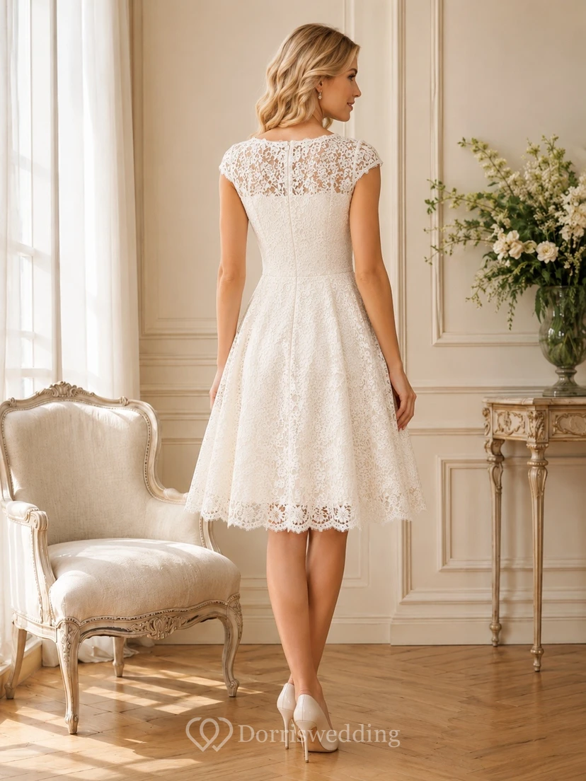 Robe en dentelle ivoire modeste, longueur genou, manches bateau, coupe trapèze, manches bouffantes view 2