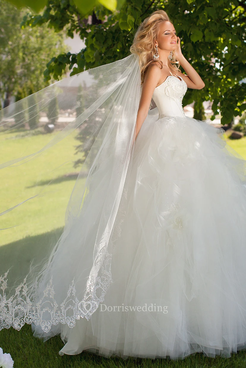 Floor-Length Sweetheart Beaded Tulle Wedding Dress With Ruffles And Lace Up view 4