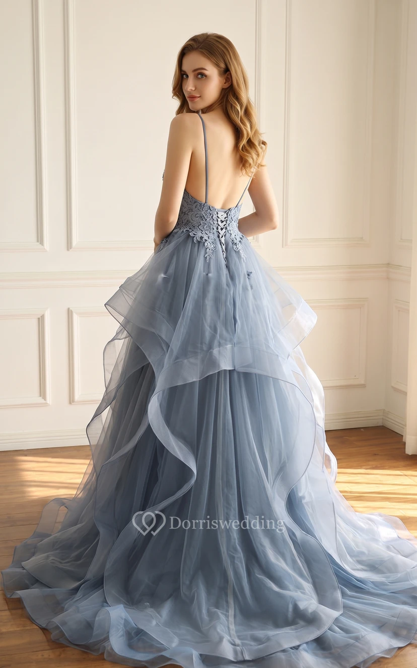 Dusty Blue Tulle Prom Dress Non Traditional Colored Wedding Gown view 2