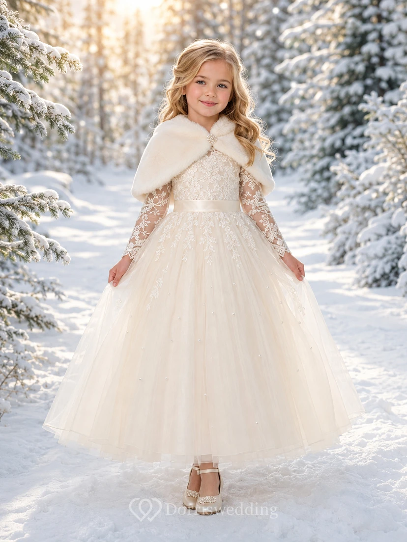 Modest A-Line Flower Girl Dress with High Neck Lace Long Sleeves Winter Cape Ceremony