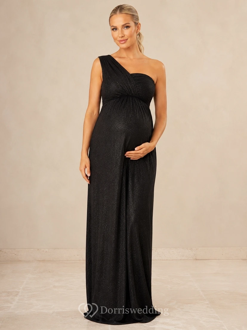 Vestido de maternidad moderno negro de un solo hombro, sin mangas, de punto, largo hasta el suelo.