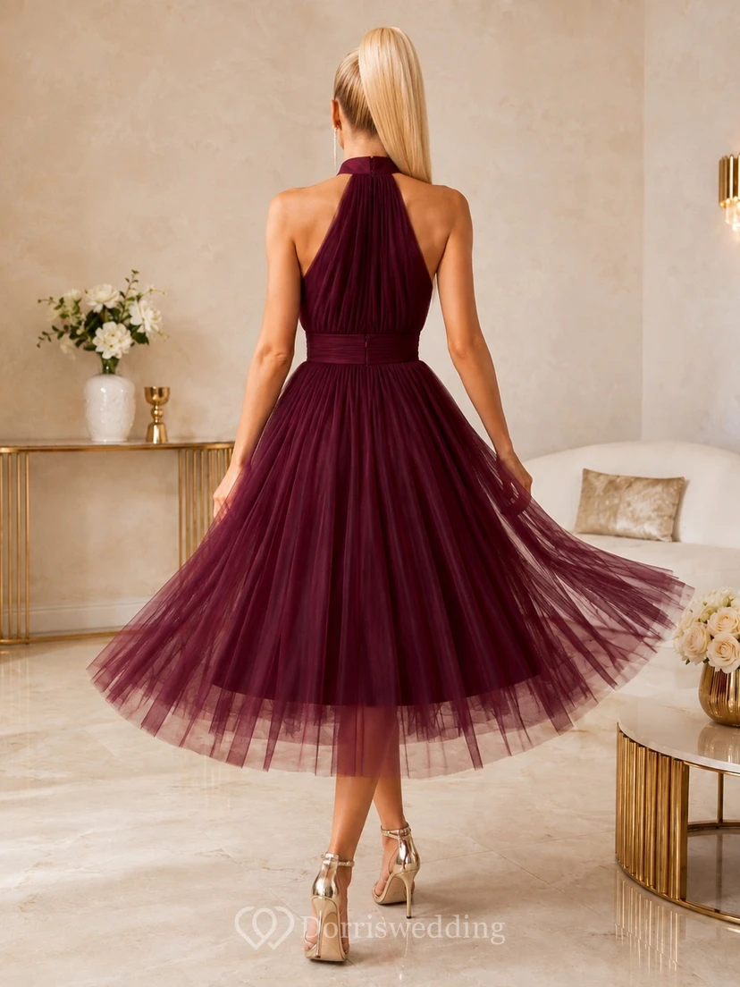 Burgundy Halter High Neck Pleated Tea-Length A-Line Elegant Bridesmaid Dress view 2
