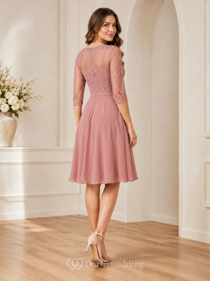 Schlichtes, staubrosafarbenes, dreiviertelärmeliges Spitzenkleid für den Abschlussball, Gartenkleider für Damen view 2