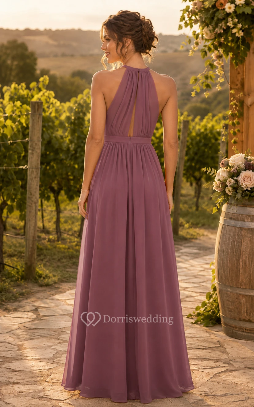 Vintage Mauve Halter A-Line Chiffon Bridesmaid Dress view 2