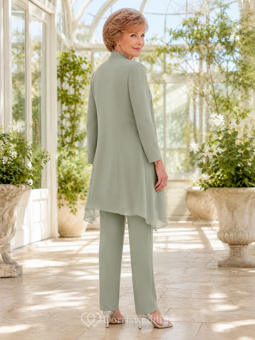 Salbeigrüner, romantischer, asymmetrischer, verzierter Longline-Jacket-Hosenanzug für die Brautmutter mit geradem Bein view 2