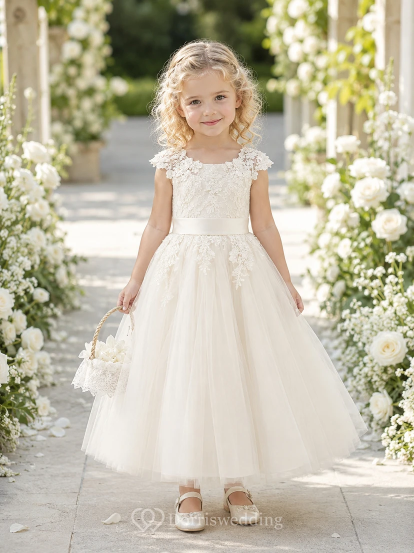 Blumenmädchenkleid aus elfenbeinfarbenem Tüll, A-Linie, Rundhalsausschnitt, Teelänge, Schleifendetail