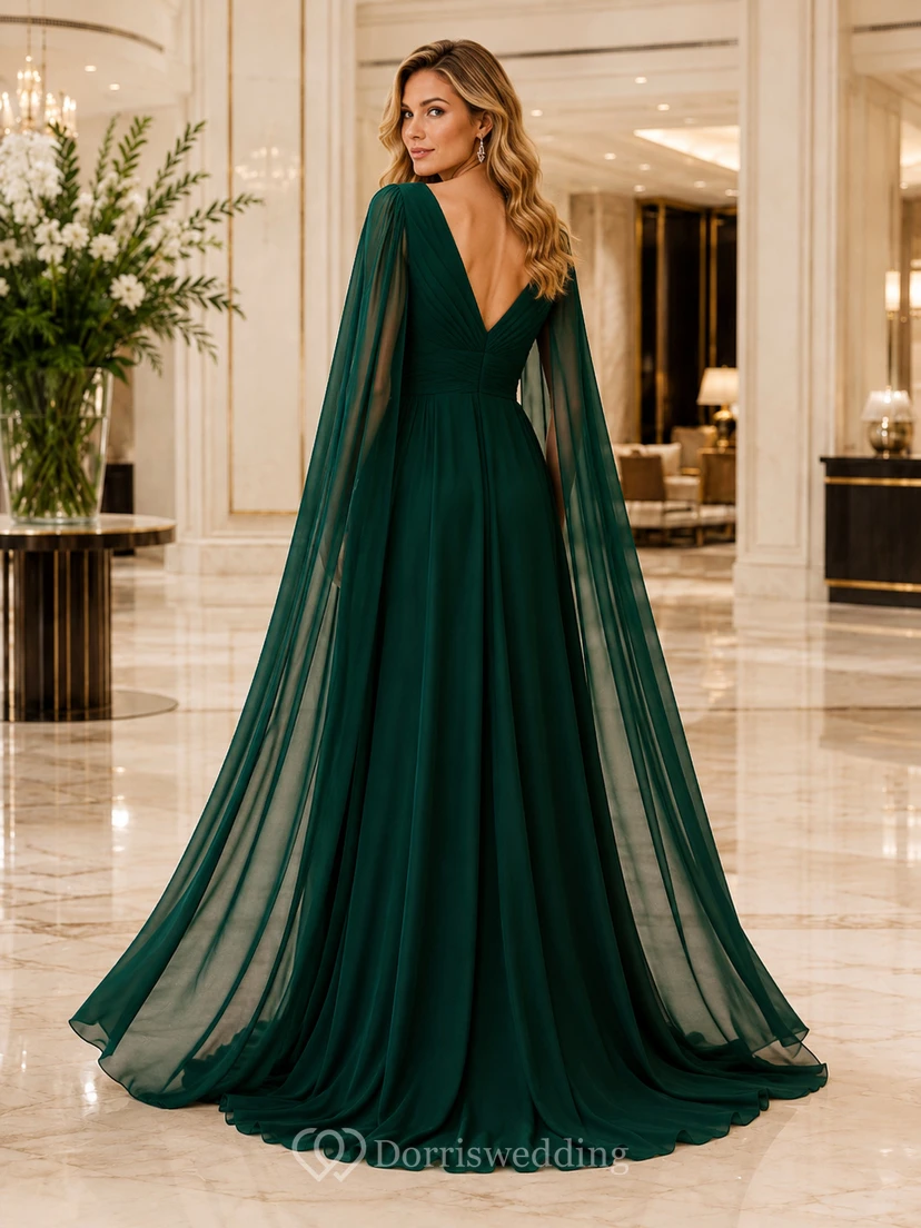 Robe de soirée vert foncé en mousseline à col V et manches cape view 2