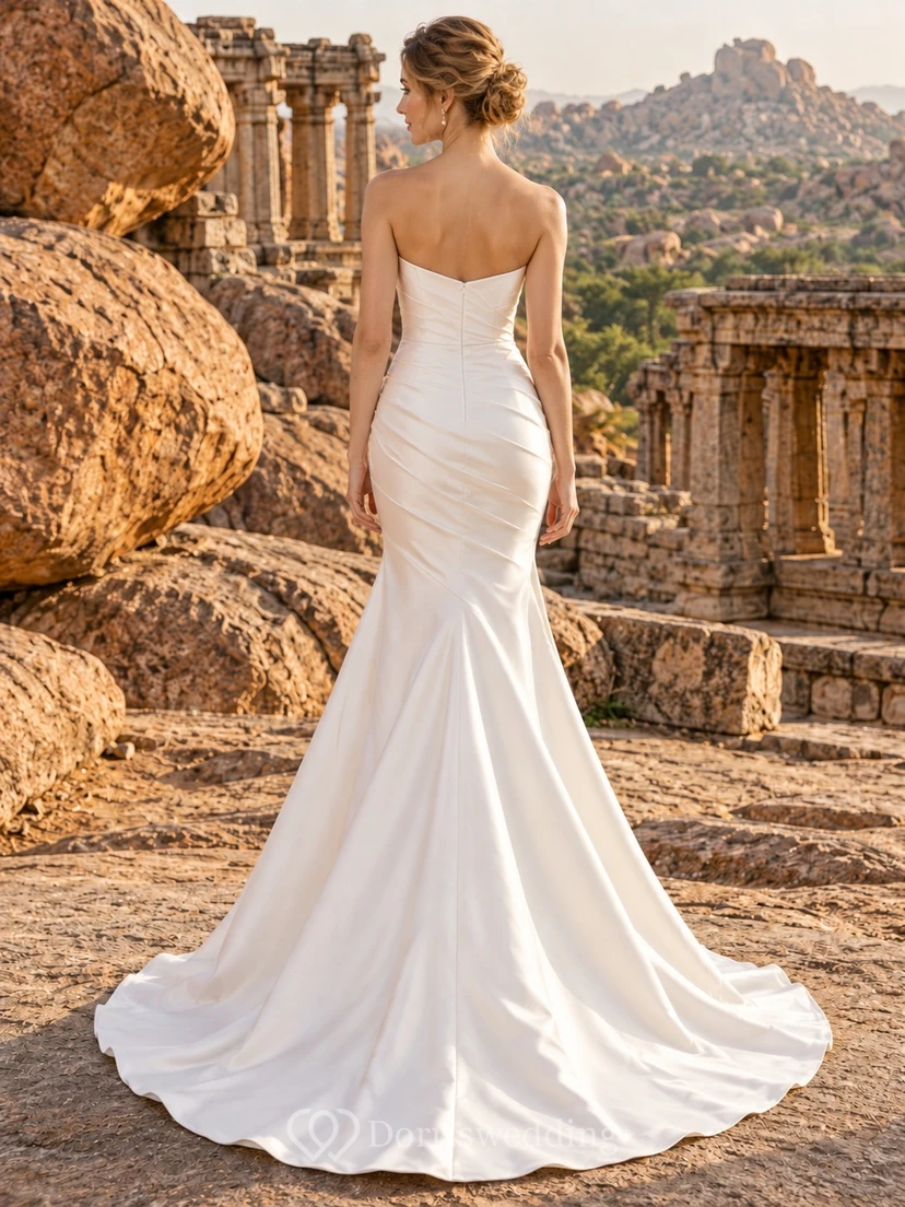 Schlichtes, trägerloses Brautkleid mit Herzausschnitt, Raffungen, Meerjungfrauen-Schleppe und Satinstoff view 2