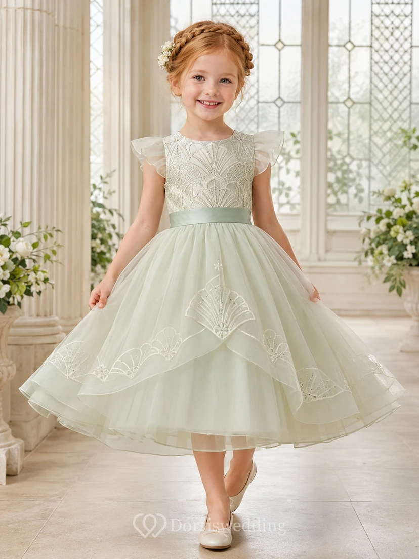 Celadon Flower Girl Dress with Beaded Petal Sleeves, Tea-Length Ball Gown Skirt, Fan Embroidered Tulle and Satin Back Bow