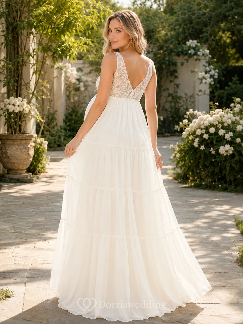 Maternity Wedding Dress V-Neck Sleeveless Lace Bodice Tiered Bridal Gown view 2