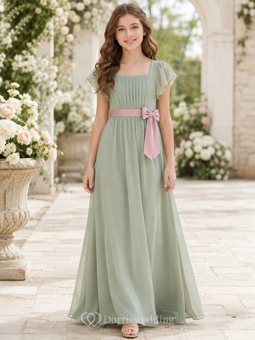 Celadonfarbenes Brautjungfernkleid für junge Mädchen, A-Linie, eckige kurze Ärmel, Schleife, romantisch