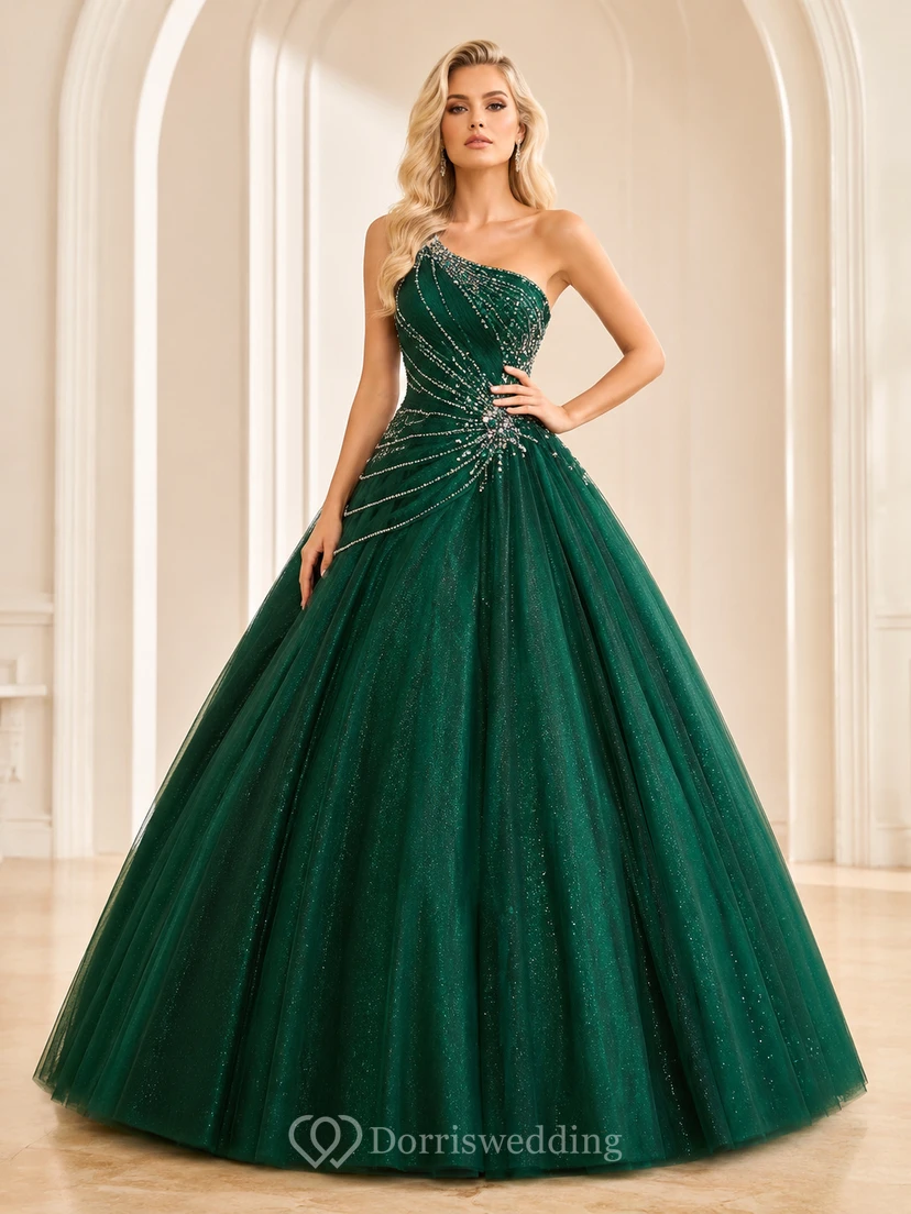 Robe de bal de princesse vert foncé à une épaule, ornée de cristaux et de paillettes, pour les 16 ans.