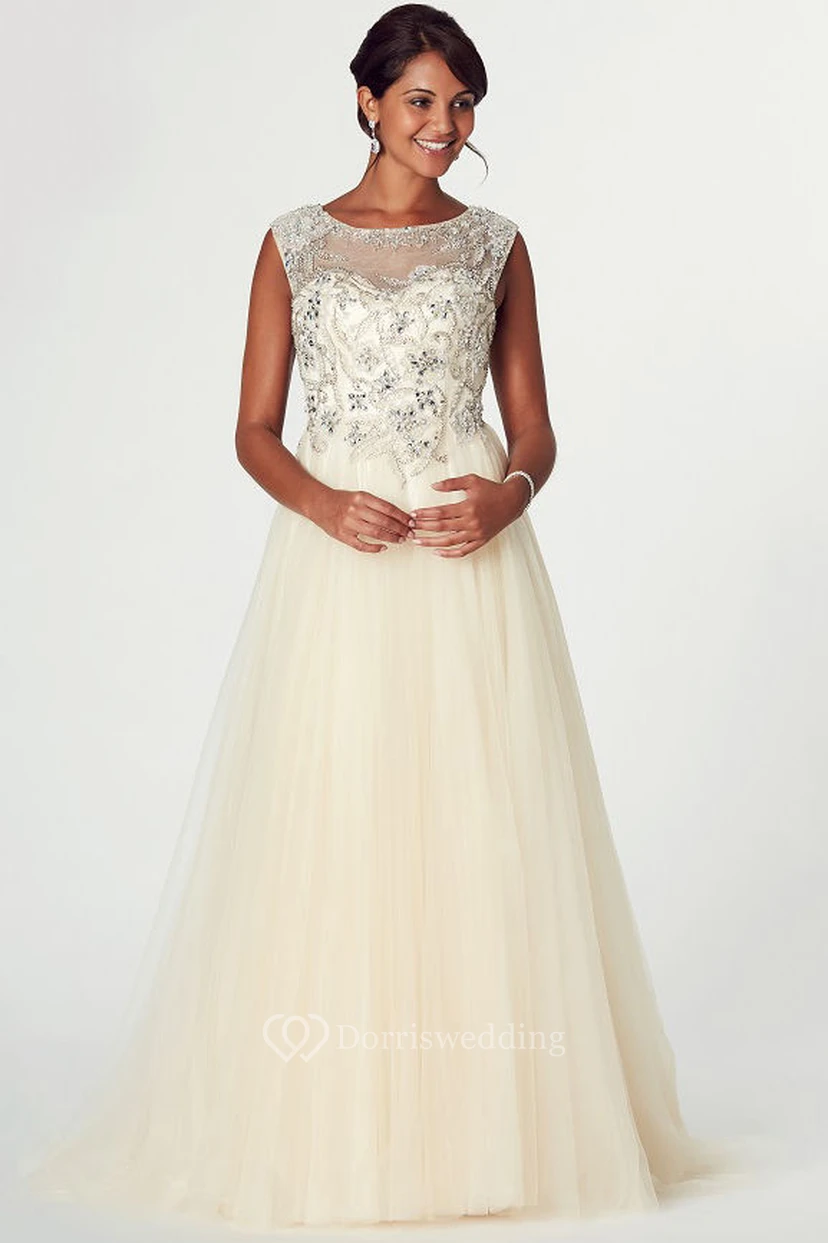 Ärmelloses A-Linien-Abendkleid aus Tüll mit Perlenbesatz und Rundhalsausschnitt