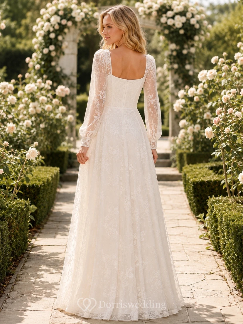 Vestido de novia de manga larga, escote cuadrado, corte en A, largo hasta el suelo, para compromiso o boda. view 2