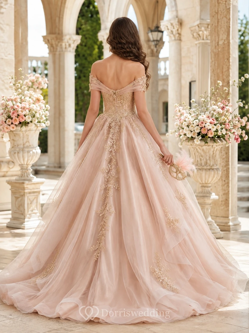 Romantic Blush Off-Shoulder Sweetheart Applique Tulle Ball Gown Sweep Train Masquerade Dress view 2