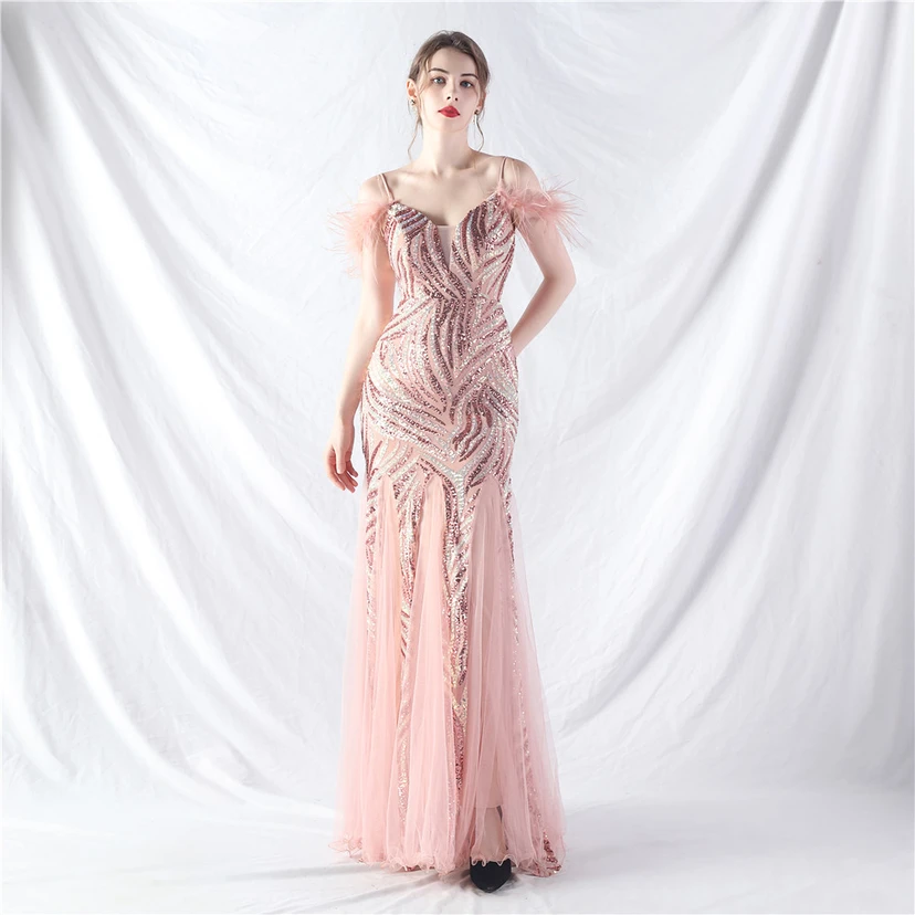Crafted Ostrich Feather Stacked Sequins Splicing Mesh Gauze High-End Evening Dress Clothes view 32