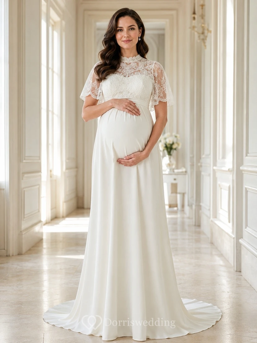 Vestido de novia de satén con cuello alto y mangas tipo capa, estilo modesto, para embarazadas.