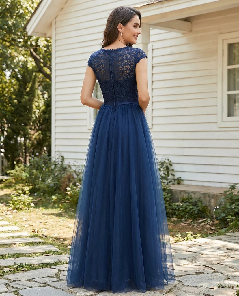 Tüllkleid in A-Linie mit kurzen Ärmeln und Rundhalsausschnitt view 2