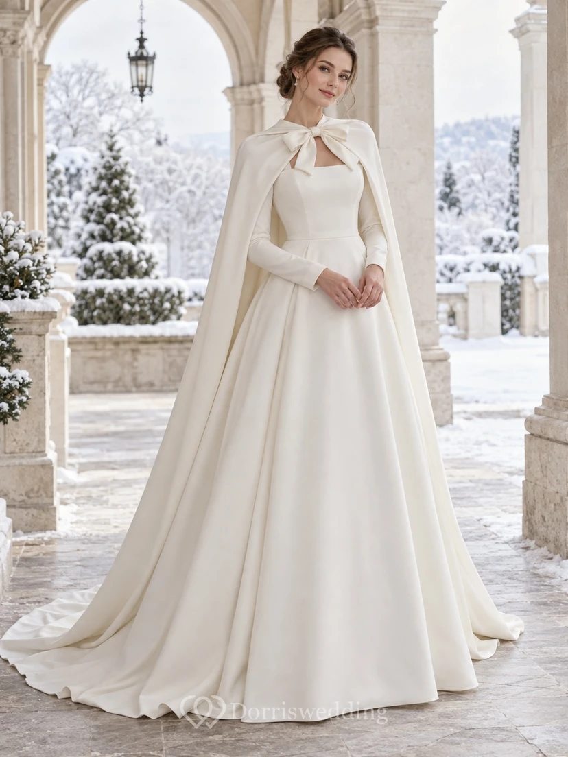 Vestido de novia sencillo de corte A con cuello abierto, lazo y mangas largas, ideal para invierno.