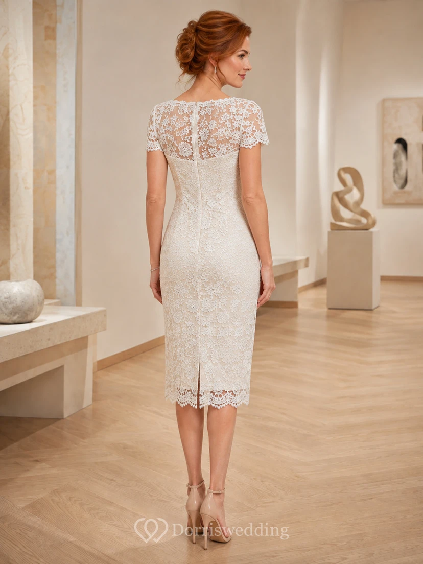Ivory Bateau Sweetheart Illusion-Lace Cap-Sleeve Vintage Tea Cocktail Sheath Dress view 2