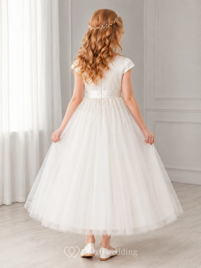 Glitzerndes Tüllkleid mit kurzen Ärmeln, knöchellang, für Kommunion und Blumenmädchen geeignet view 2