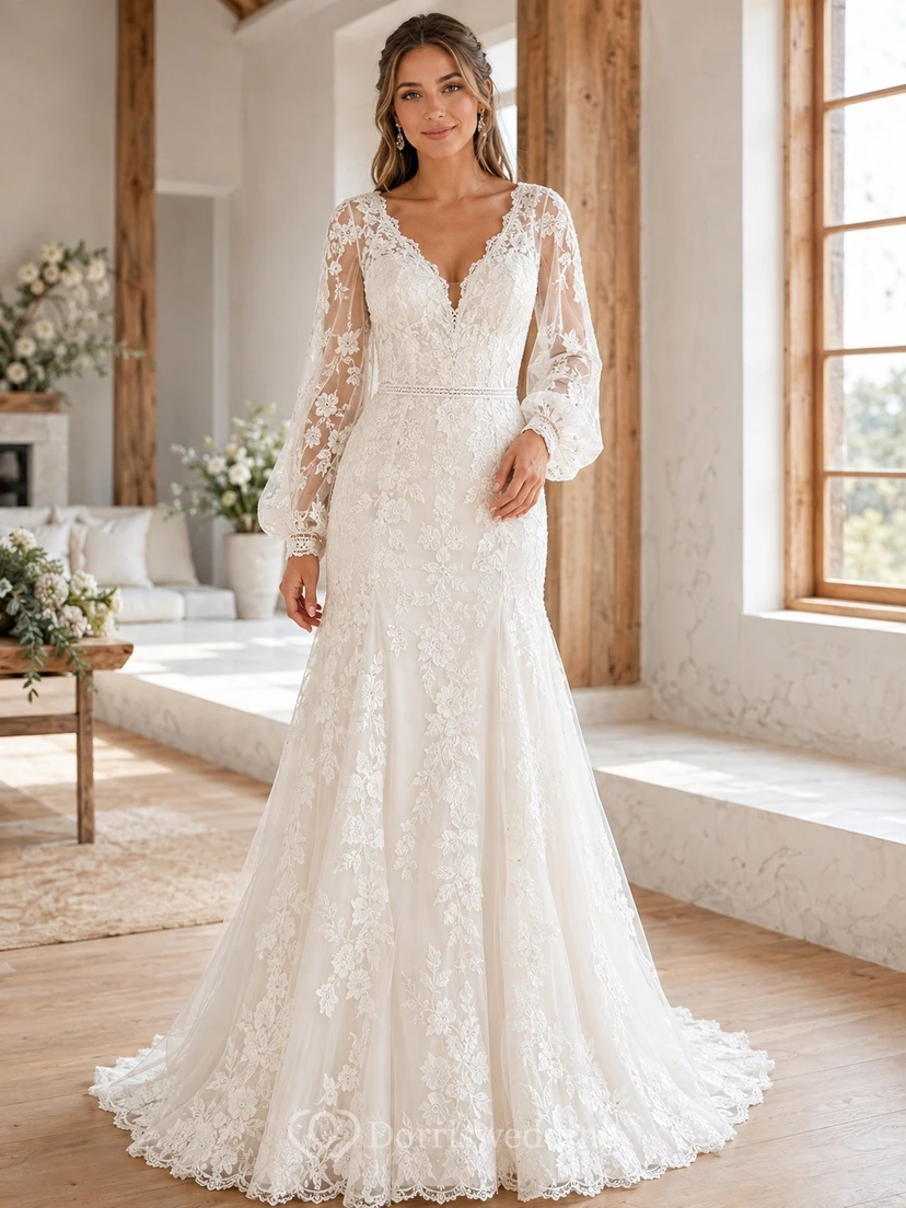 Vestido de novia bohemio de encaje estilo sirena, largo hasta el suelo, con escote en V y mangas largas