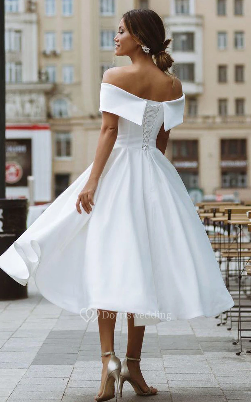 Vintage A Line Off-the-shoulder Satin Tea-length Sleeveless Wedding Dress with Criss Cross and Ruching view 2