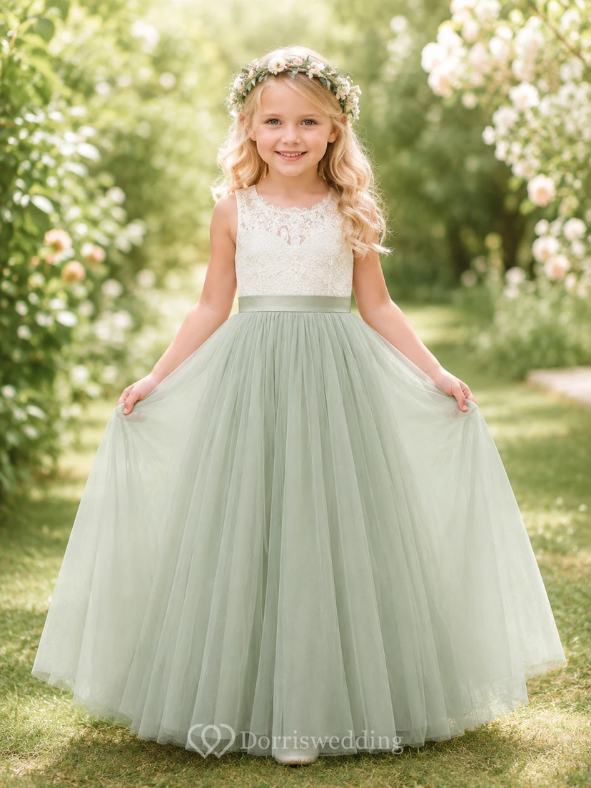 Vestido de niña de las flores color salvia, encaje, tul, corte en A, cuello joya, largo hasta el suelo, detalle de fajín