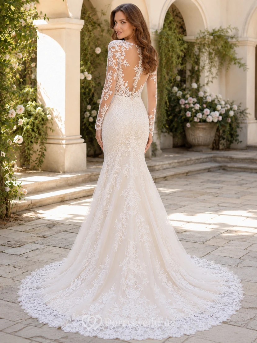 Luxury Lace Wedding Mermaid V Neck Illusion Long Sleeves Chapel Train view 2
