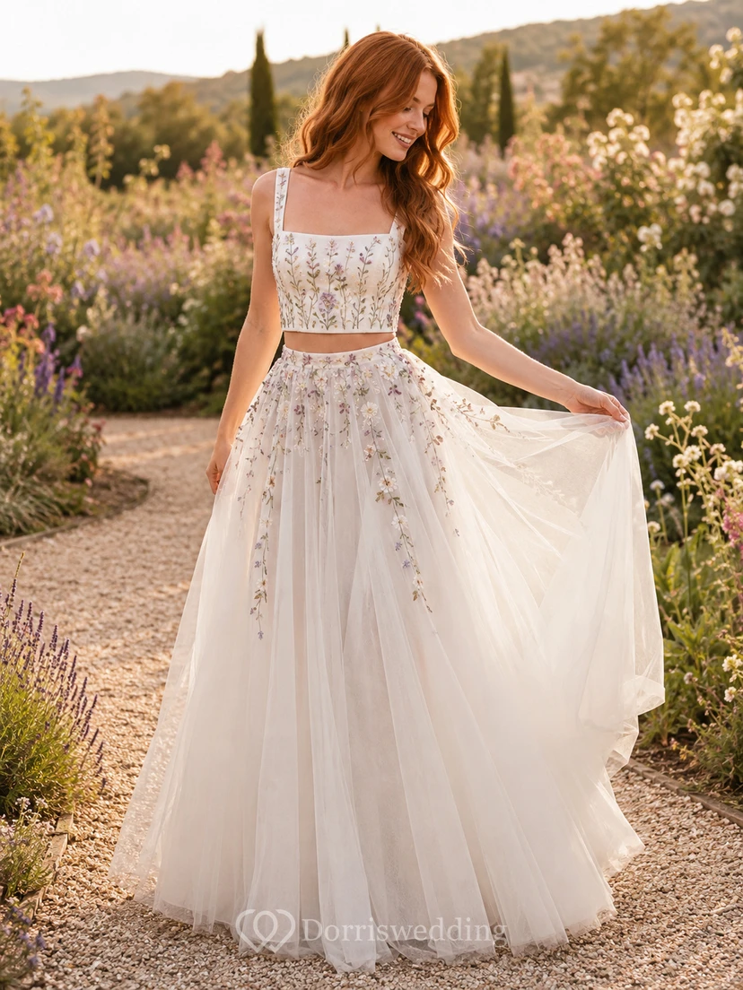 Square Neck Floral Embroidered Bodice Tulle Garden Bridal Set