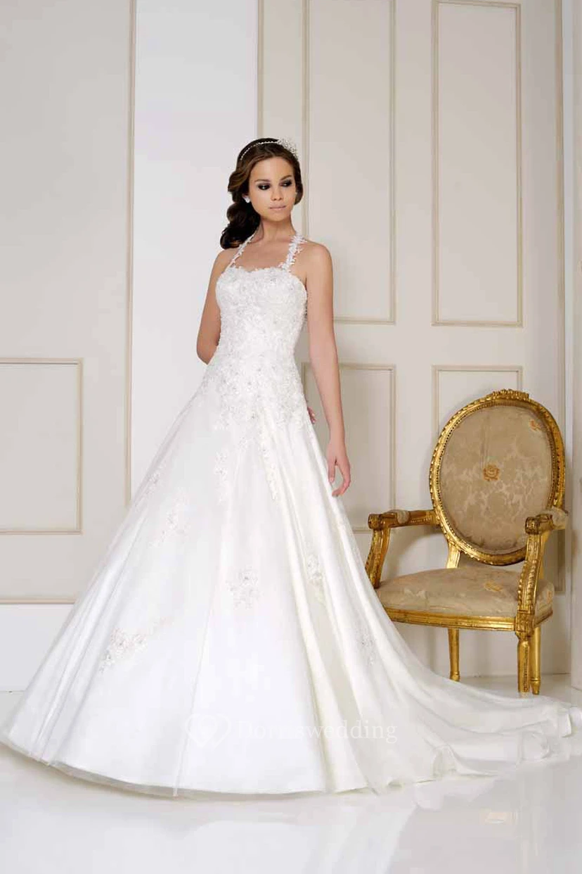 Long Halter Appliqued Satin Wedding Dress With Chapel Train And V Back