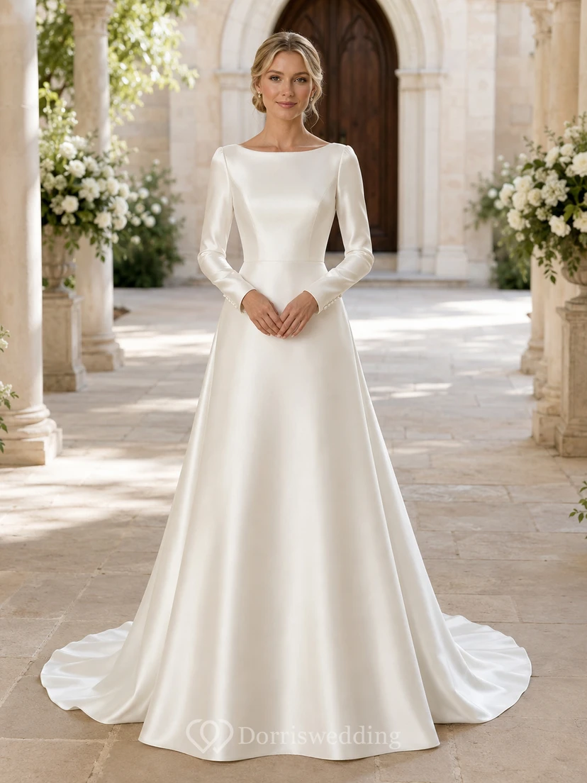 Schlichtes Satin-Brautkleid mit U-Boot-Ausschnitt und langen Ärmeln