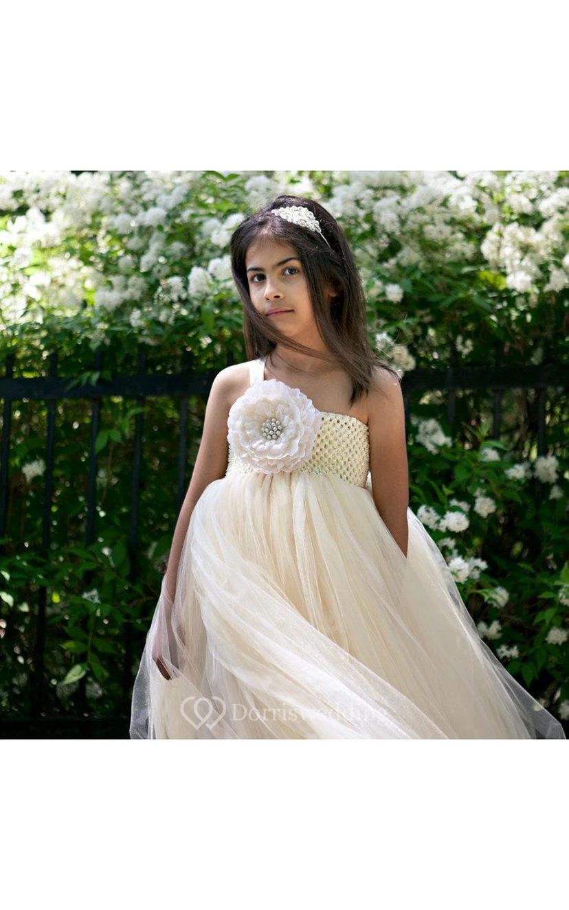 One-shoulder Empire Pleated Tulle Ball Gown With Flower view 2