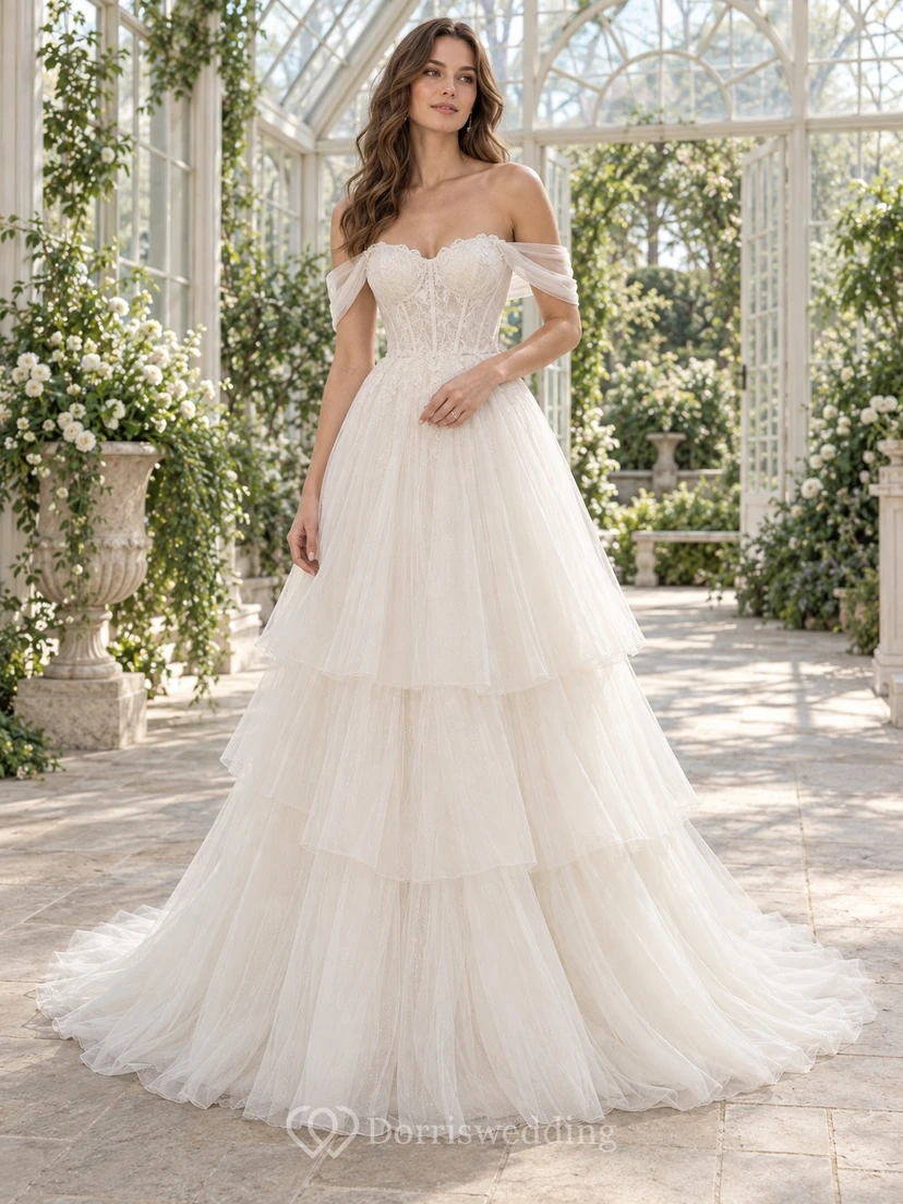 Romantic Airy Layers Off Shoulder Sweetheart Short Sleeve Tiered Lace A-Line Floor Length Wedding Dress