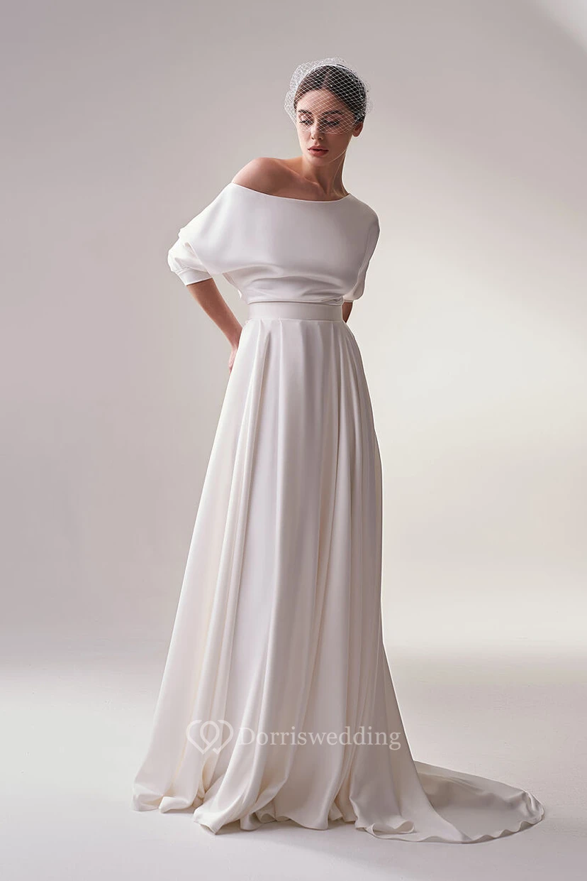 Schlichtes Chiffon-Hochzeitskleid mit Rundhalsausschnitt und halben Ärmeln view 3