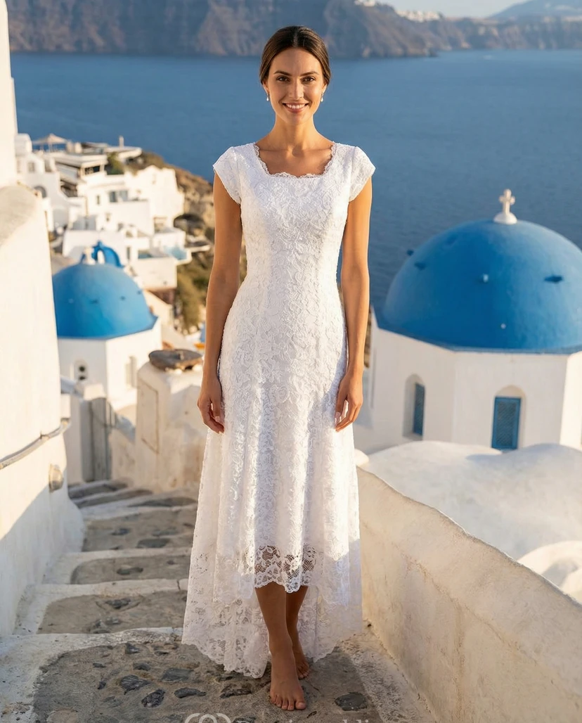 High-Low Lace Wedding Dress with Cap Sleeves