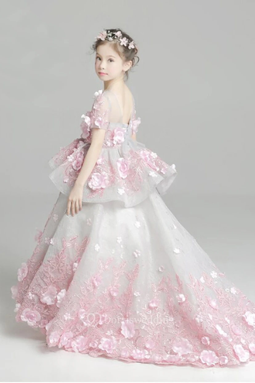 Floral Scoop-Neck Short Sleeve Tier Ball Gown Flower Girl Dress view 2