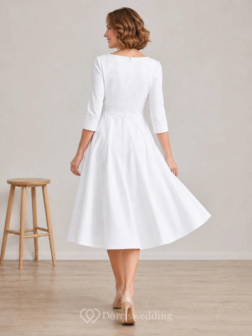 Weißes Midikleid in A-Linie mit Rundhalsausschnitt und Dreiviertelärmeln view 2
