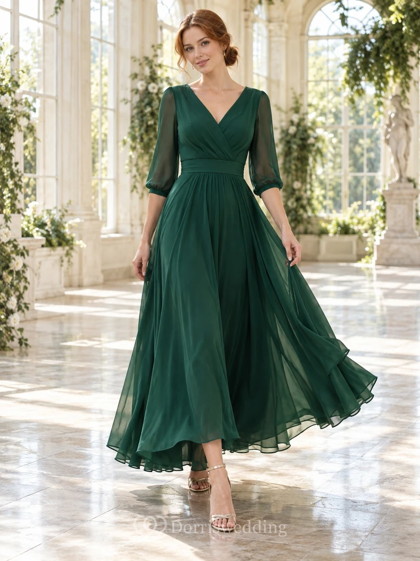 Vestido de fiesta de gasa verde oscuro con escote en V y mangas transparentes, largo hasta la rodilla, corte en A.