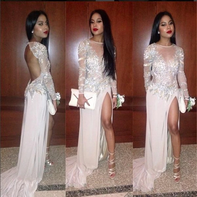 Long Sleeves Prom Dresses Pink Thigh-High Slit Sequined Backless Sexy Evening Gowns view 2
