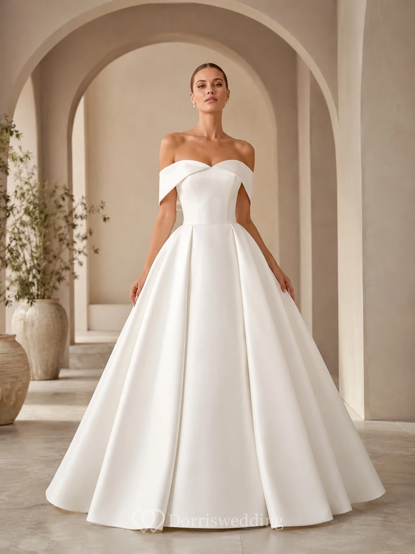 Princess Off-Shoulder Pleated Satin Ball Gown Floor-Length Formal Wedding Dress